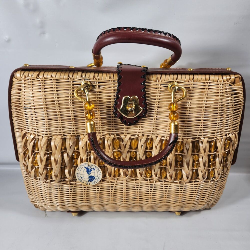 VTG Princess Charming by Atlas Wicker Handbag Beaded Bag Large